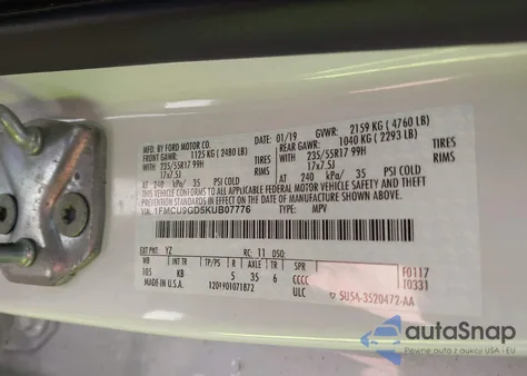 2019 Ford Escape Se из США, поврежденный, VIN 1FMCU9GD5KUB07776